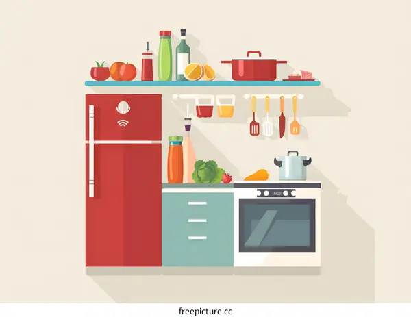 Modern Kitchen Illustration with Red Refrigerator and Oven