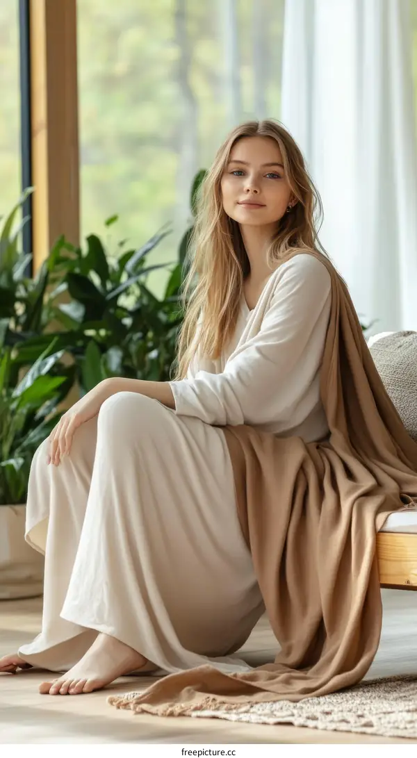 Woman Relaxing with a Cozy Blanket at Home