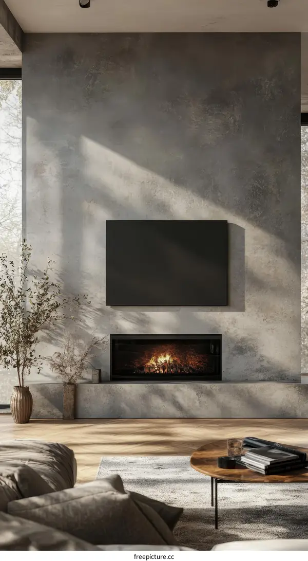 Modern Concrete Living Room with Fireplace and TV