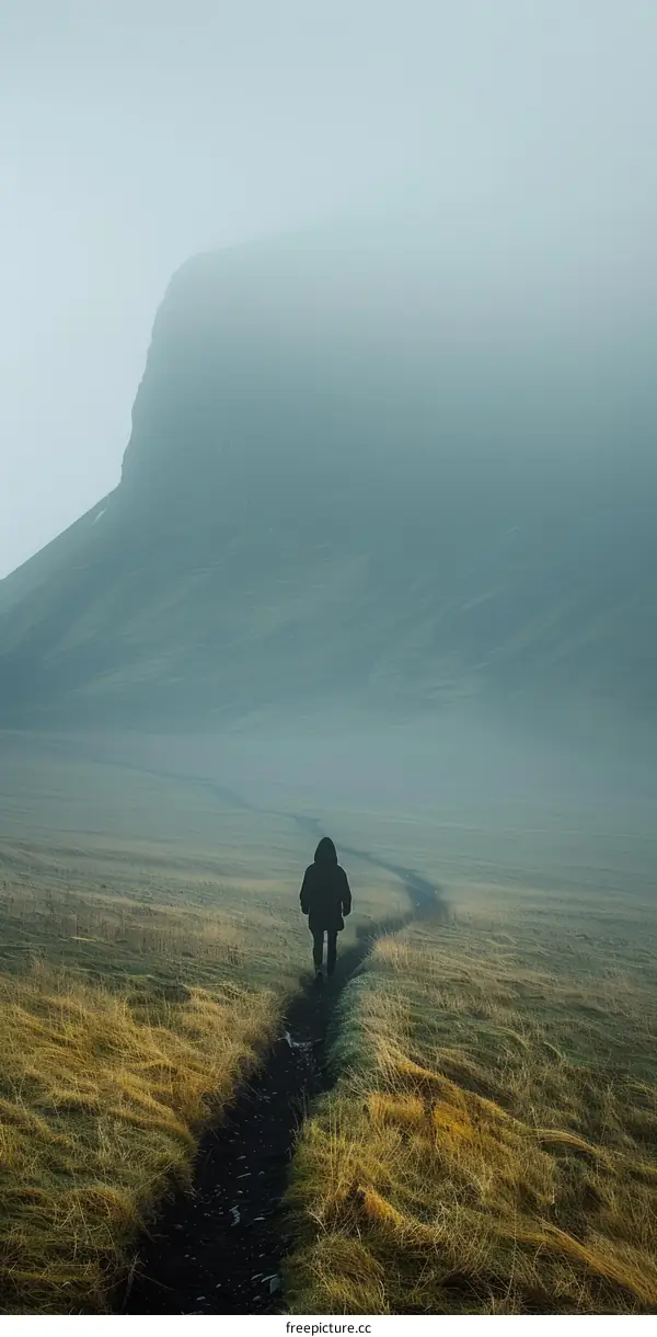Person walking towards a foggy mountain