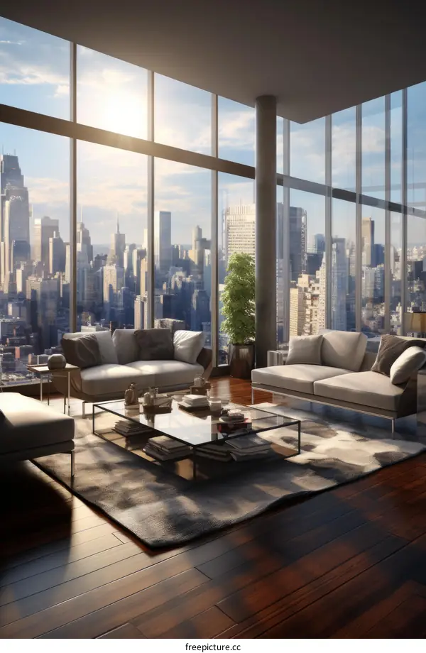 Modern apartment interior with city view
