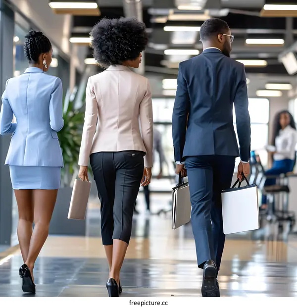 Three Business Professionals Walking in an Office Hallway
