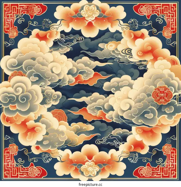 Symmetrical seamless pattern with traditional oriental motifs and elements