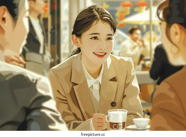 An Asian woman is drinking coffee in a coffee shop