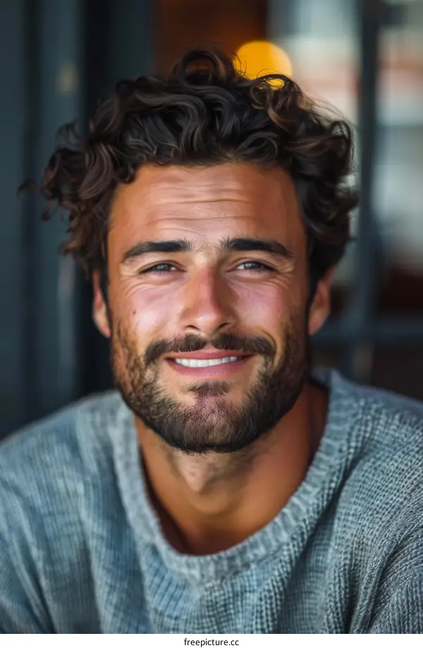 Close up portrait of a smiling man with curly hair