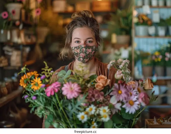 Portrait of a young woman wearing a protective face mask standing in a flower shop