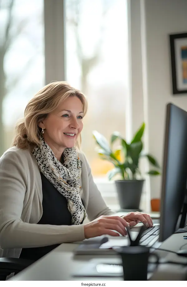 Smiling Woman Working On Computer At Desk In Home Office