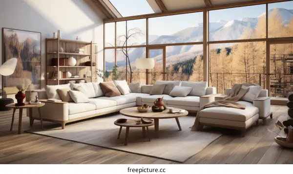 Modern Living Room with Large Windows and Mountain Views