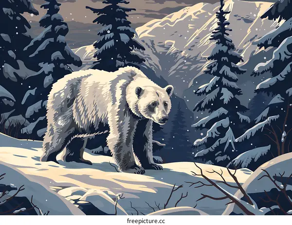 Winter Scene with a Grizzly Bear in the Snowy Mountains