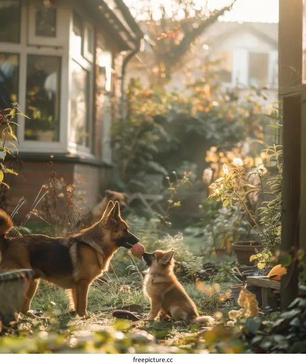 German Shepherd and a puppy playing with a ball in the garden