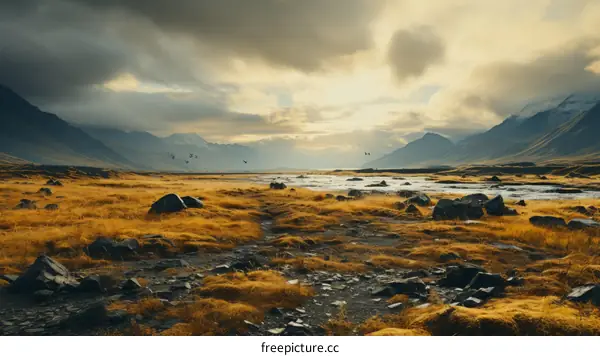 A Wide Shot of a Rocky Field With Mountains in the Distance