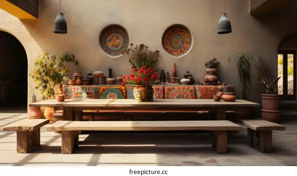 Earthen interior of a luxury home in the desert with a long wooden dining table set with pottery and a colorful runner
