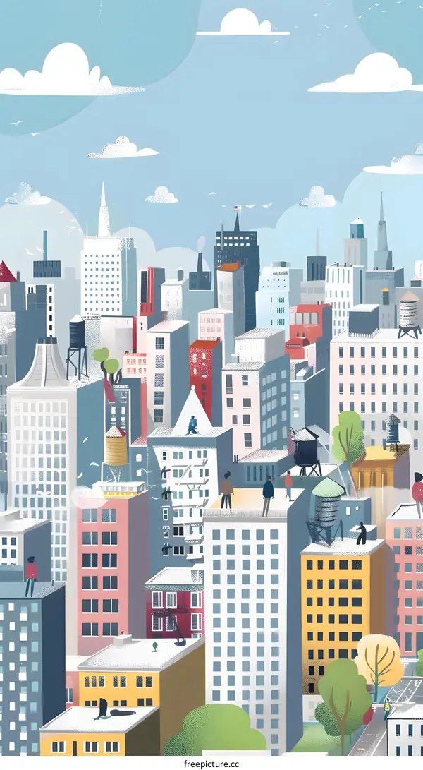 Cityscape Illustration with People on Rooftop