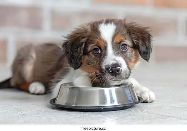 A cute puppy dog with a metal bowl