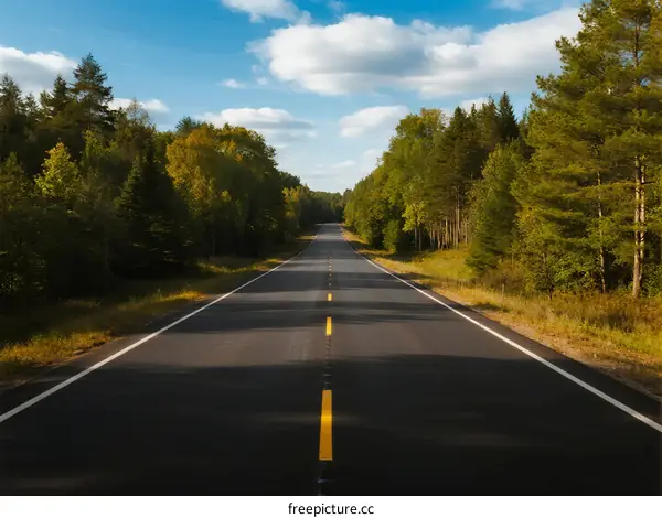 A peaceful country road surrounded by lush green trees under a clear sky