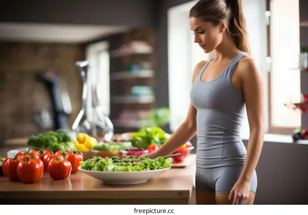 Young woman preparing a healthy salad in the kitchen