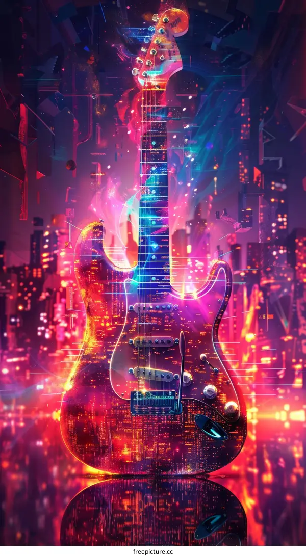 A neon pink and blue electric guitar with a cityscape in the background.