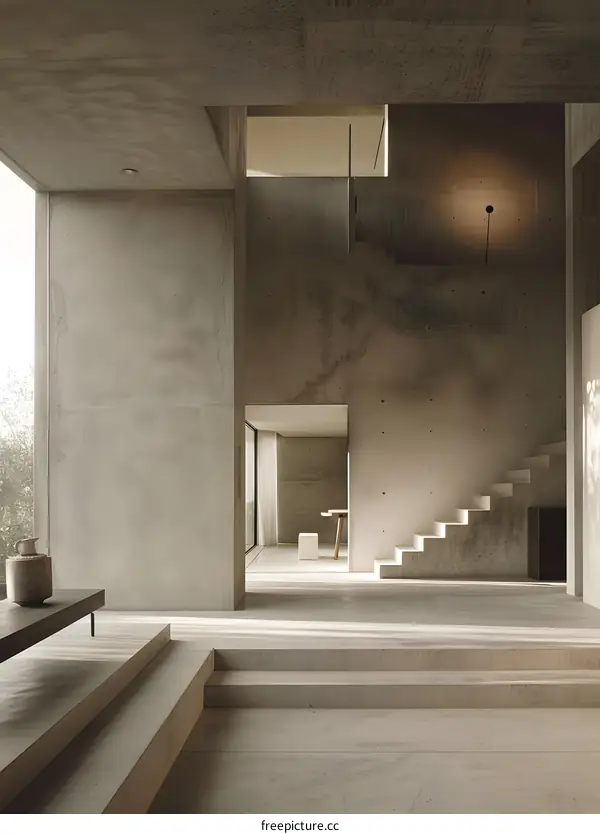 Minimalist Concrete Interior Design with Stairs and Natural Light