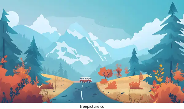Autumn Landscape with Mountain Road and Van