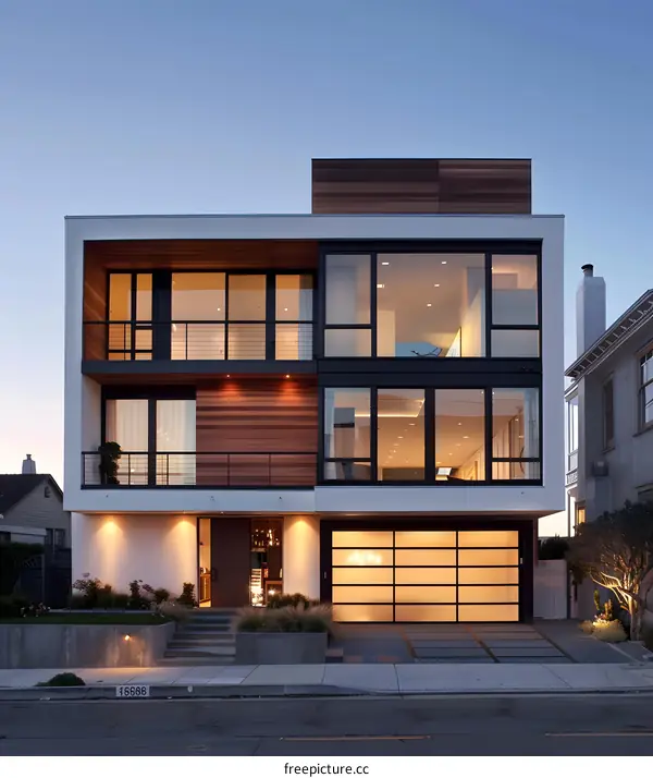 Modern House With Large Windows And Wooden Accents