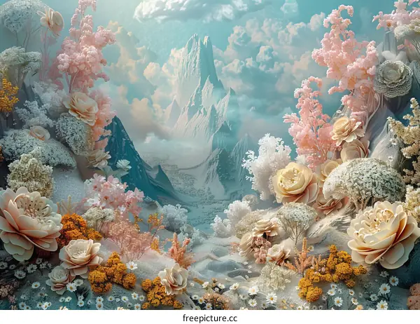 Fantasy Landscape with Pink and White Flowers and Snowcapped Mountains