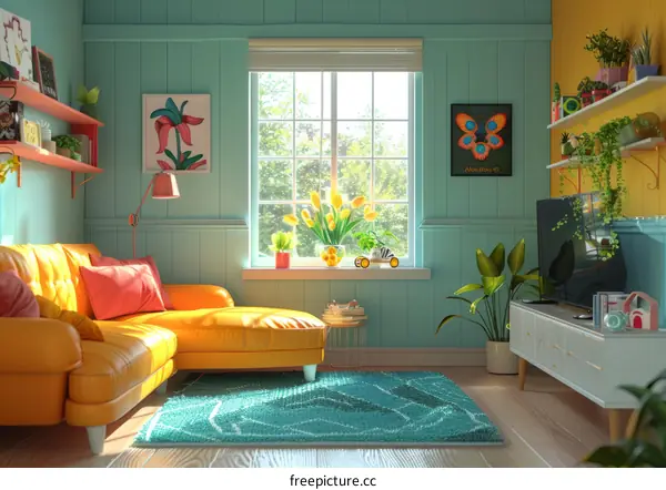 A cozy living room with a large window, a yellow sofa, and a blue rug