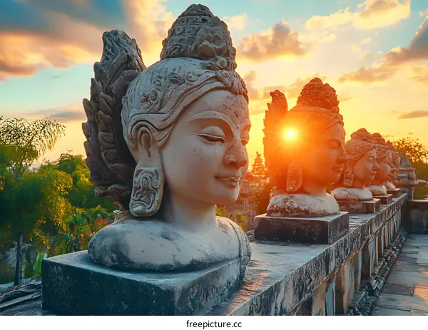 Stone Statues of Balinese Women at Sunset