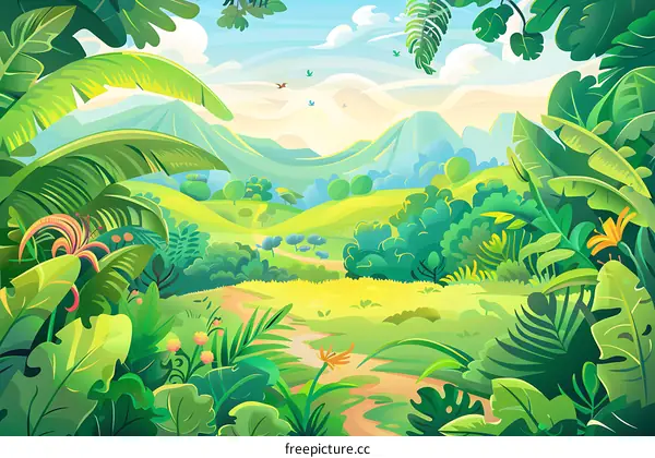 Green Jungle Landscape With Mountain Background