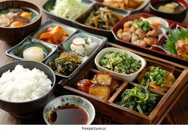 Japanese Cuisine Food Bento Box with White Rice, Seaweed and Grilled Fish