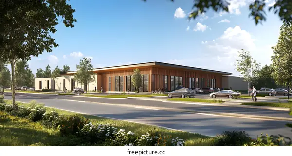 Modern Building with Wooden Facade and Parking Lot