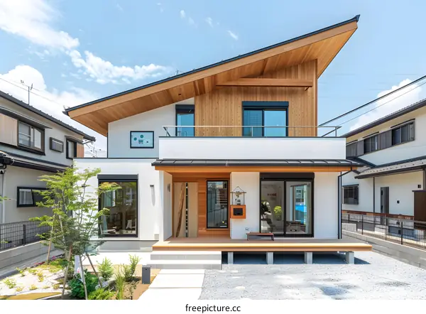 Modern Japanese House with Wooden Roof and Balcony