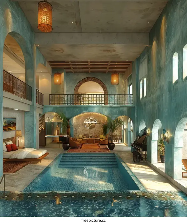 Luxury Indoor Swimming Pool Design with Turquoise Walls
