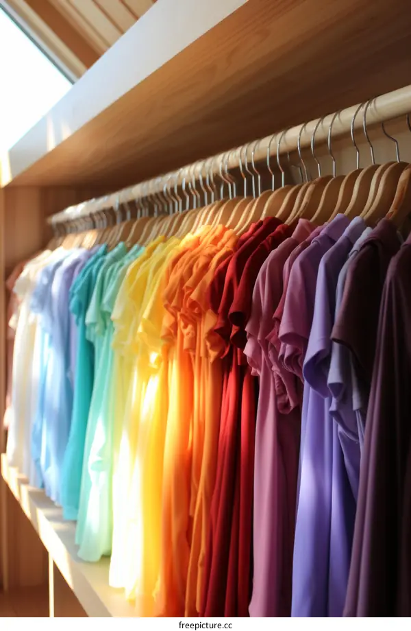 Rainbow clothes hanging on a rack in a store