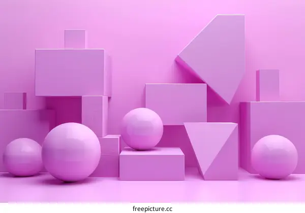 3D Abstract Geometric Composition with Pink Pastel Spheres, Cubes