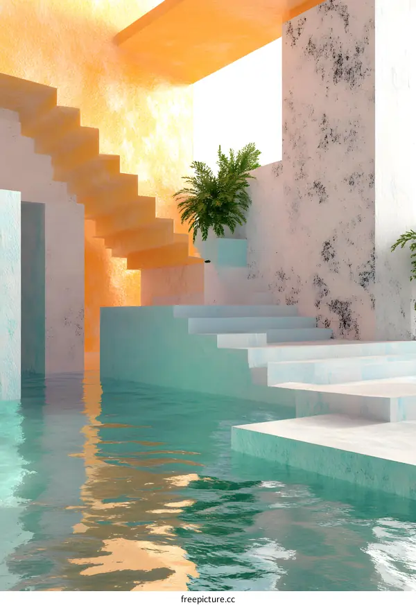 Abstract Minimalist Architecture with Water and Staircase