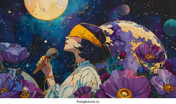 girl singing in cosmos with flowers