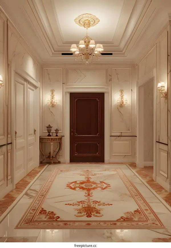 Classic Interior Design of a Luxury Hallway with Marble Walls and a Chandelier