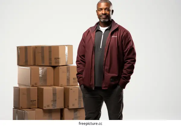 Portrait of a smiling African American man standing in front of a stack of cardboard boxes.