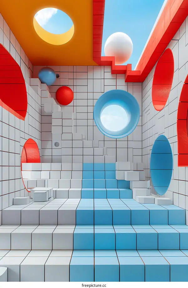3D rendering of a room with colorful geometric shapes and patterns