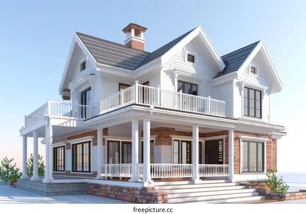 An Impressive Two-Story Family House with a Brick Foundation and Porch