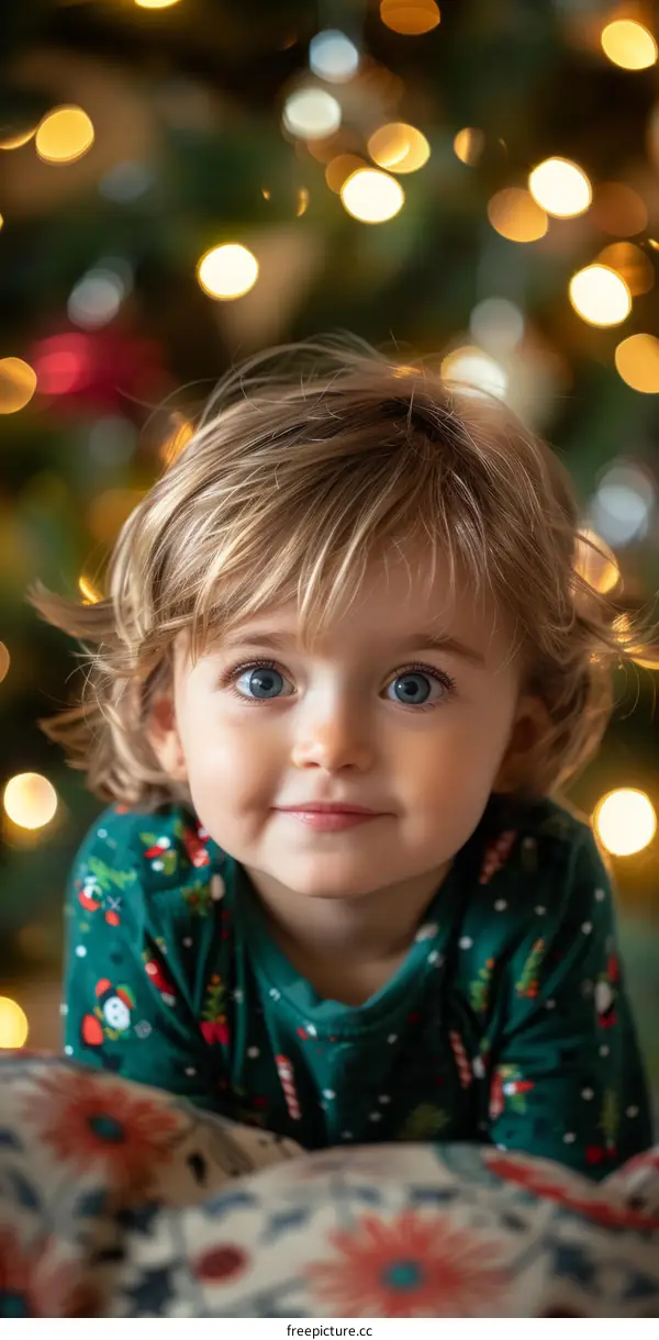 Little girl with blonde hair and blue eyes in front of a Christmas tree