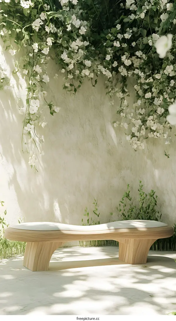 White Flower Vines Hanging On A Beige Wall With A Wooden Bench