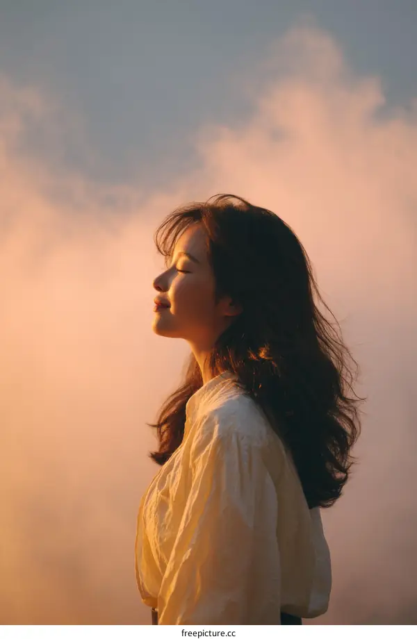 Woman in a light beige shirt at sunset