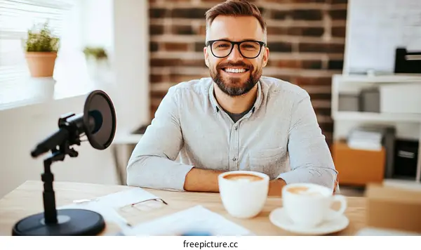 Smiling Businessman Recording Podcast in Home Studio