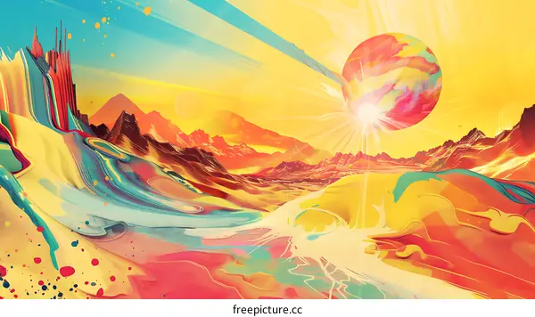 Abstract Colorful Landscape with a Large Sun