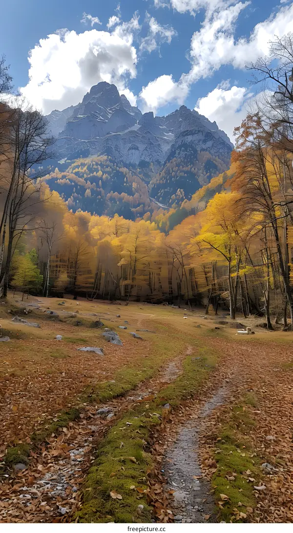 colorful autumn mountain landscape with blue sky