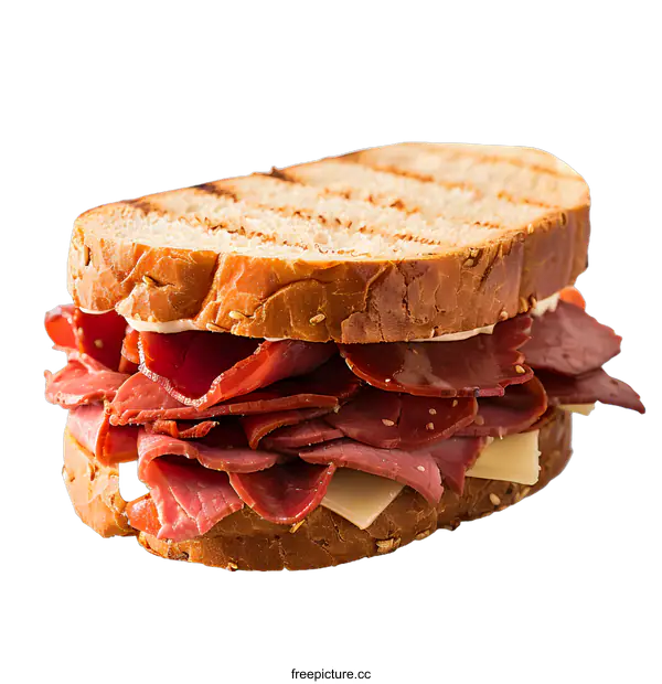 [Transparent Background PNG]Close-up of a sandwich with pastrami and cheese on rye bread