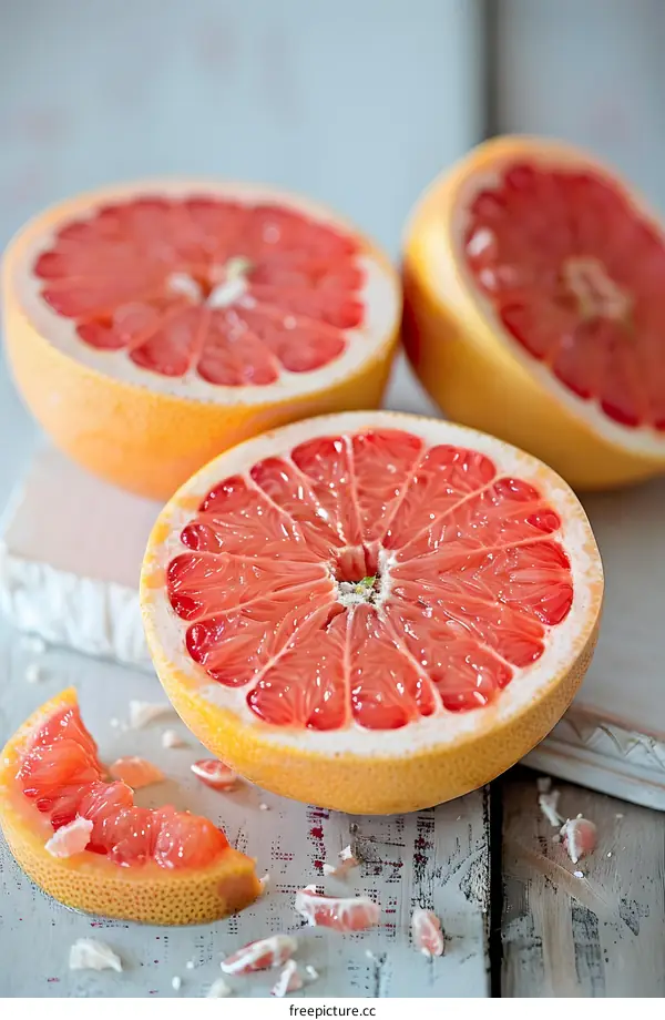 Fresh Ripe Grapefruit Slices on Wooden Surface