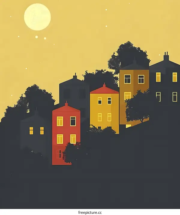 Nighttime Cityscape with Yellow Moon and Stars
