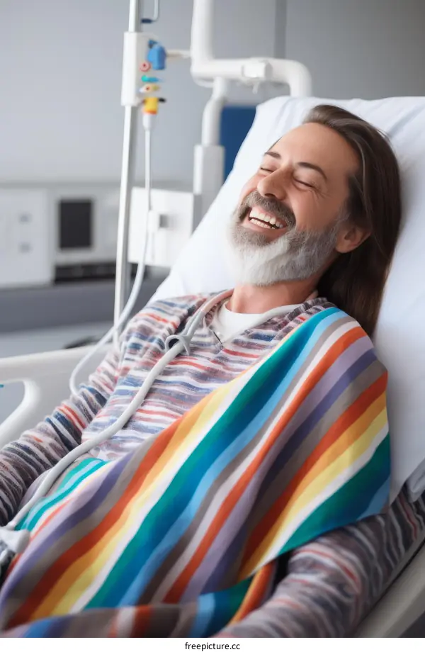 Laughing elderly man in hospital bed with rainbow blanket